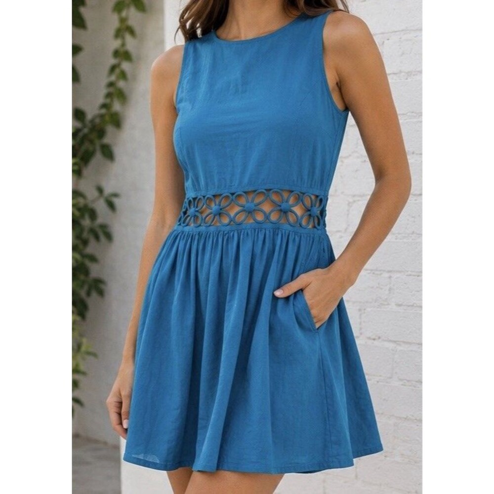 ASOS Women's Turquoise Blue Dress Cotton Floral Cut Out Waist Size 2